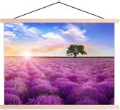 Posterhanger incl. Poster 120x90 cm - Schoolplaat - Lavendel - Boom - Zonsondergang - Paars - Textielposter - Blanke latten