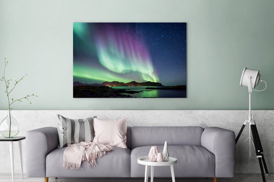 Aurores boréales colorées sur toile de Norvège européenne 140x90 cm - Tirage photo sur toile (Décoration murale salon / chambre)