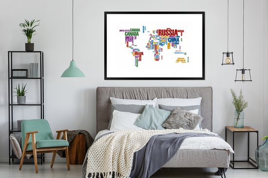 Affiche avec cadre Cartes du monde du Wereldkaart - Lettres - Couleurs - Cadre photo noir - 120x80 cm - Affiche avec cadre
