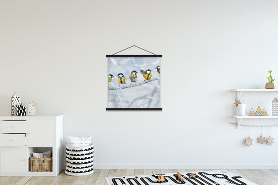 Porte-affiche avec affiche - Affiche scolaire - Vogel - Mésange charbonnière - Hiver - Neige - Branches - 60x60 cm - Lattes noires