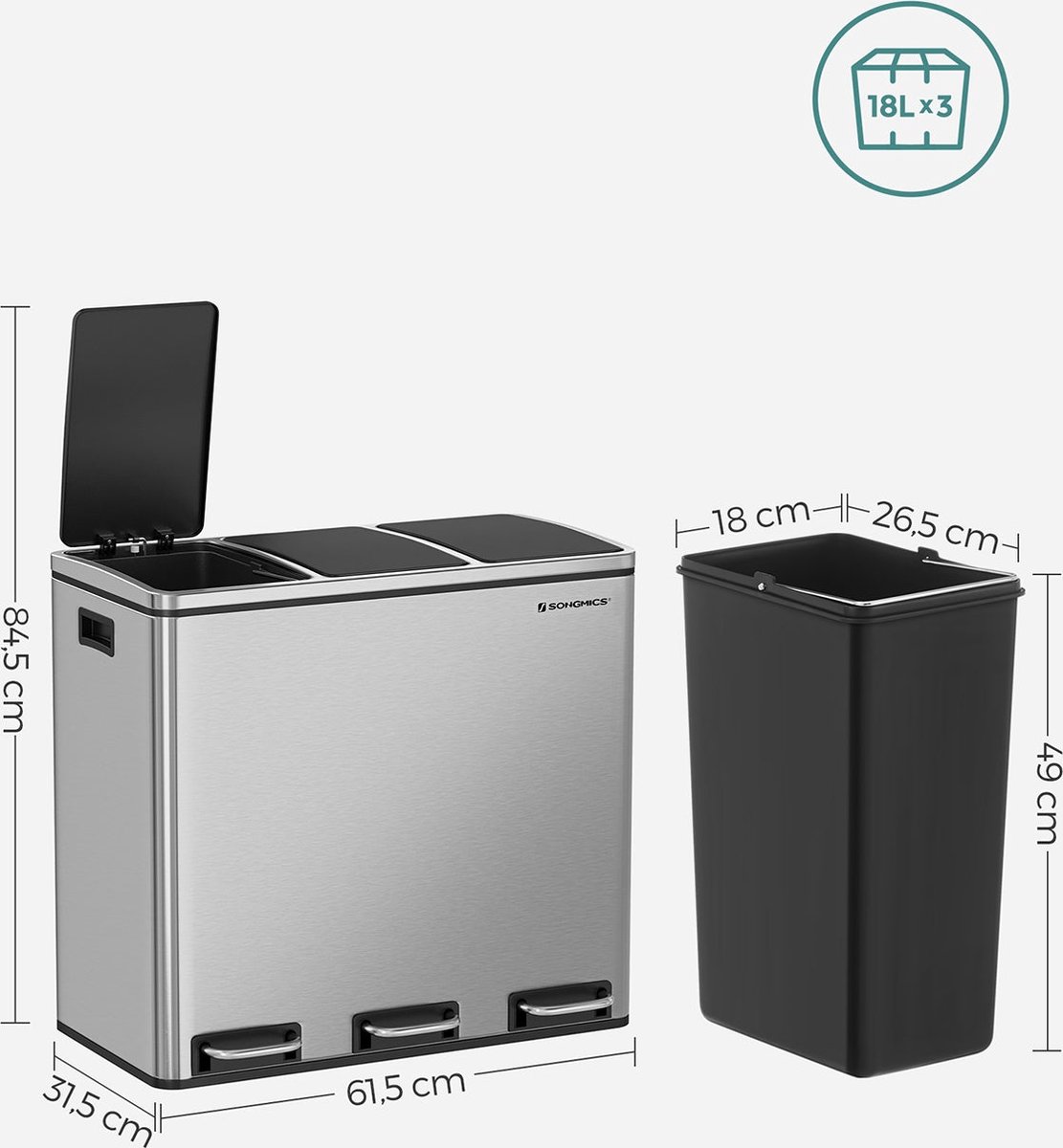 Garbage Bin, Waste Bin, Waste Separation System, 75 L - 3 x 25 L Container, Sorter, 3 Colours by rg-vertrieb (Anthracite