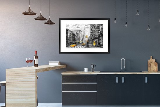 Fotolijst incl. Poster - Schilderij - Stad - Auto - Geel - 90x60 cm - Posterlijst