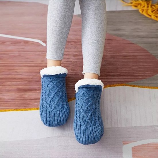 Urbankr8® - Nieuwe pantoufles tissées et en velours d'intérieur - pantoufles chaudes - Pantoufles femmes - Chaussettes - Blauw moyen