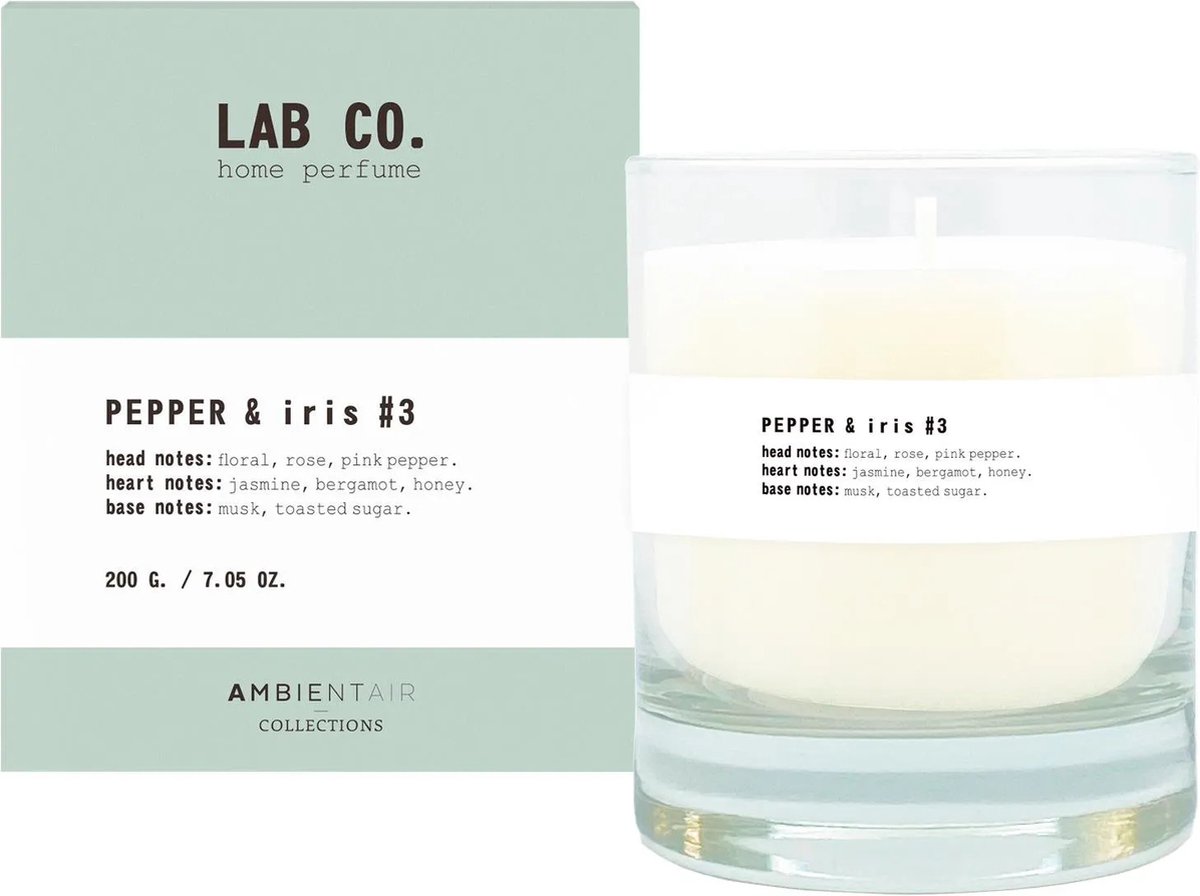 Geurkaars 40 uur – LAB CO – Pepper & Iris #3 - Roos Roze Peper Jasmijn Bergamot Honing Muskus - 200 gram
