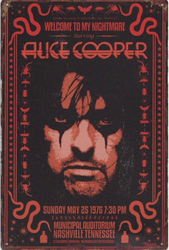 Wandbord Muziek Concert - Alice Cooper Welcome To My Nightmare Nashville 1975