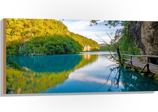 Hout - Blauwkleurig Meer onder aan de Berg met Groene Bomen - 100x50 cm - 9 mm dik - Foto op Hout (Met Ophangsysteem)