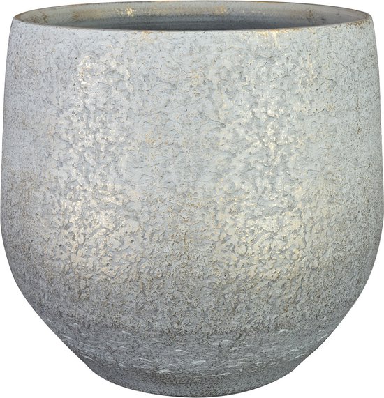 Keramische bloempot in zilvergrijs met metallic gouden accenten en een ruw textuur.