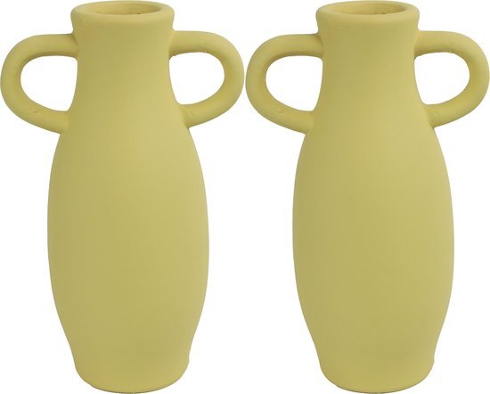 Countryfield Amphora vaas - 2x stuks - geel terracotta - D12 x H20 cm