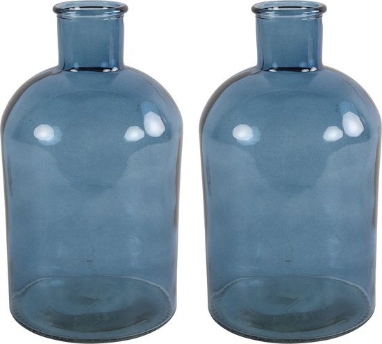 Countryfield bloemen/takken Vaas - 2x stuks zee blauw glas - fles - D17 x H31 cm