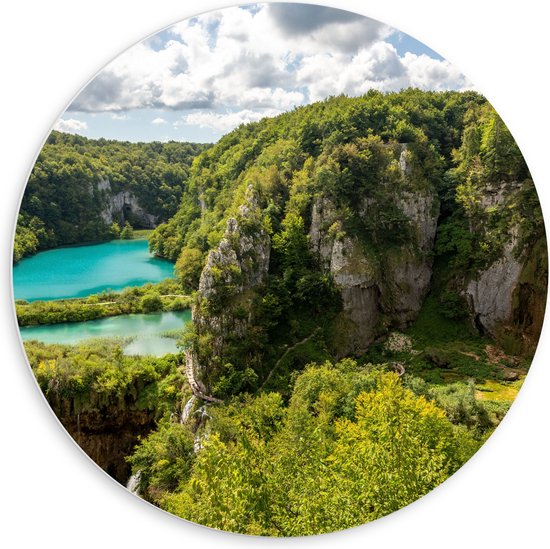 PVC Schuimplaat Muurcirkel - Blauwe Wateren bij Planten in het Nationale Park Plitvicemeren, Kroatië - 60x60 cm Foto op Muurcirkel (met ophangsysteem)