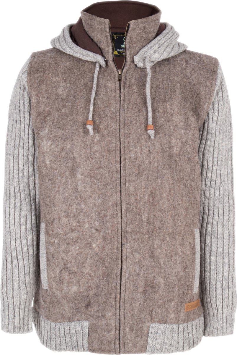 Gebreid Wollen Heren/Uni Vest van Schapenwol met Katoenen Voering en afneembare capuchon SHAKALOHA M Baseball ZH Lbrown