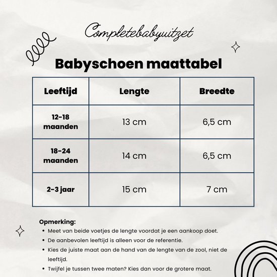Babyschoen maattabel met leeftijd, lengte en breedte. Opmerking: meet voetjes, kies maat op basis van zoollengte.