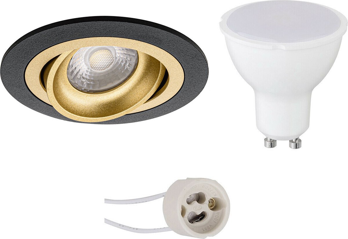 GU10 Inbouwspot Set - Mat Zwart/Goud - Inbouw Rond - Kantelbaar - Pragmi Alpin Pro - 4W - Warm Wit 3000K - Ø92mm