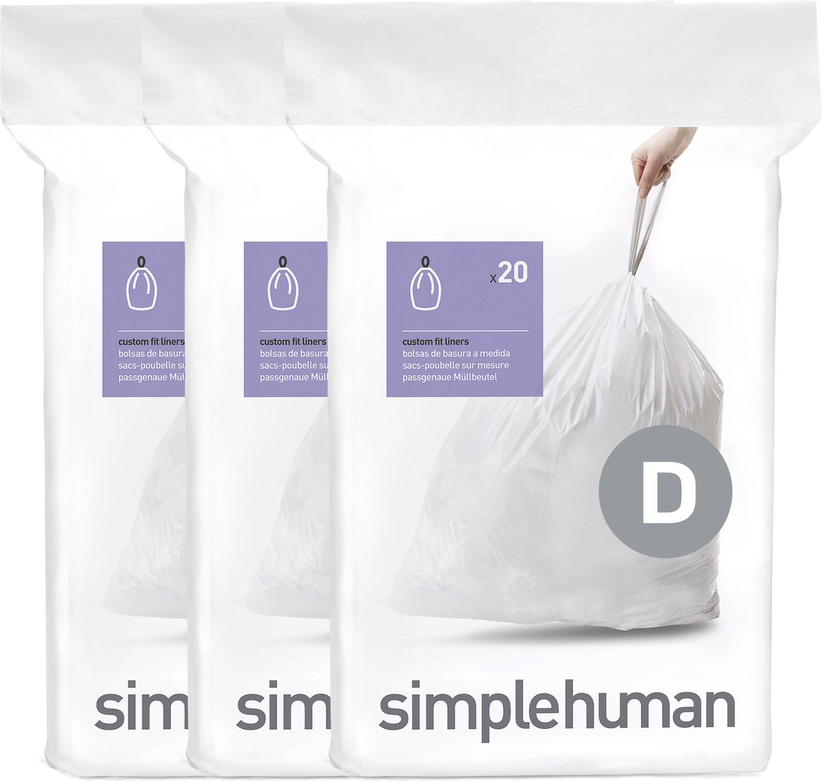 Simplehuman Code D Afvalzakken - 20 liter - 60 stuks - met Trekband - Wit