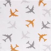 BINK Bedding Stof 100% katoen per meter percale - Planes oker - print - oker geel - licht grijs - antraciet - vliegtuig