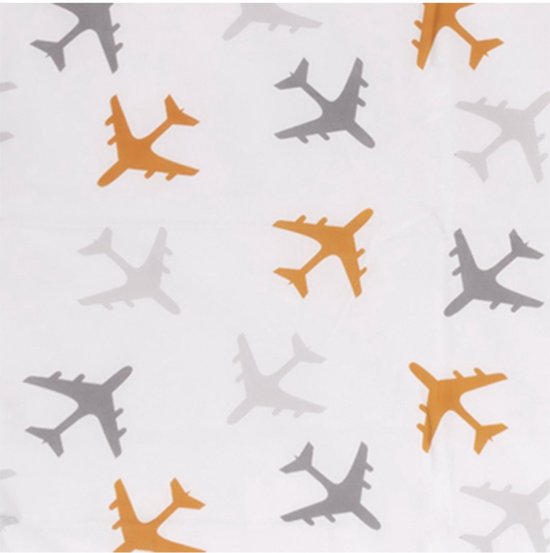 BINK Bedding Stof 100% katoen per meter percale - Planes oker - print - oker geel - licht grijs - antraciet - vliegtuig