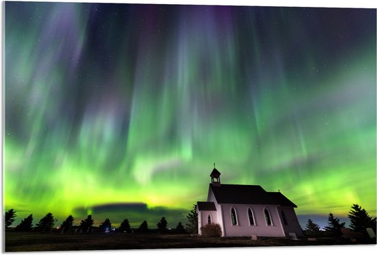 Acrylglas - Noorderlicht boven Kleine Woning in Canada - 90x60 cm Foto op Acrylglas (Wanddecoratie op Acrylaat)