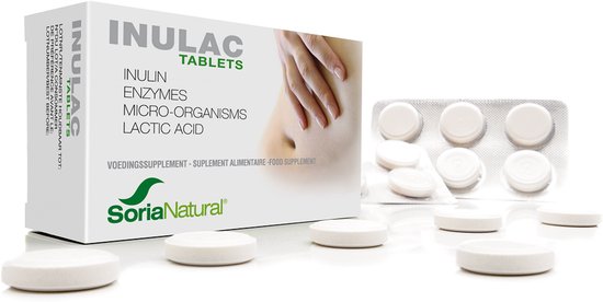 Doosje met Inulac tabletten en blisterverpakking. Losse tabletten liggen verspreid. Tekst: 'INULAC TABLETS INULIN ENZYMES MICRO-ORGANISMS LACTIC ACID'.
