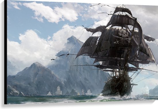 WallClassics - Toile - Montagnes avec bateau pirate - 120x80 cm Photo sur toile (Décoration murale sur toile)