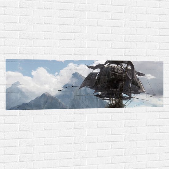 WallClassics - Muursticker - Bergen met Piratenschip - 150x50 cm Foto op Muursticker