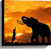 Canvas - Silhouet van Olifant met Persoon en Vogels in Afrika - 40x40 cm Foto op Canvas Schilderij (Wanddecoratie op Canvas)