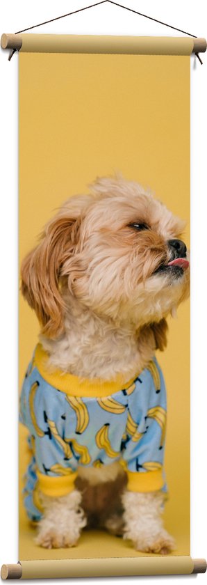 WallClassics - Textielposter - Hond met Trui bij Gele achtergrond - 30x90 cm Foto op Textiel