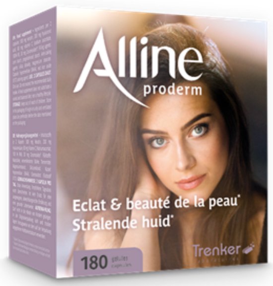Doos met 180 Alline proderm capsules. Op de voorkant een vrouw met bruin haar, huidverzorgingsclaims 'Eclat & beauté de la peau' en 'Stralende huid'.
