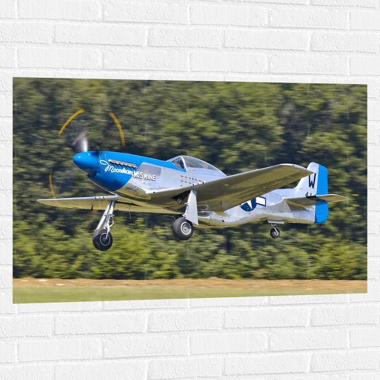 WallClassics - Muursticker - Blauw met Grijze Vliegtuig - 105x70 cm Foto op Muursticker