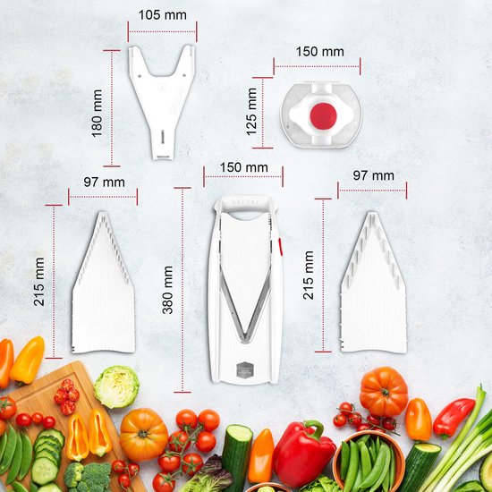 Grijze Börner V5 mandoline met diverse mesinzetstukken en afmetingen aangegeven in millimeters.