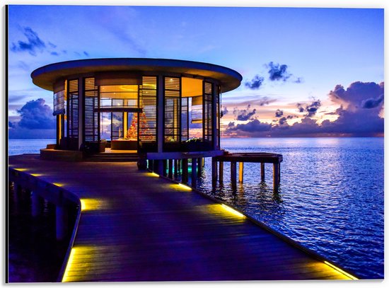 Dibond - Resort - op het Water in de Malediven - 40x30 cm Foto op Aluminium (Wanddecoratie van metaal)