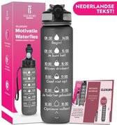 Gluxury Luxe Motivatie Waterfles - Nederlandse Tekst - Drinkfles met Rietje - 1 Liter Drinkfles - Waterfles met Tijdmarkering - Inc E-book - Zwart
