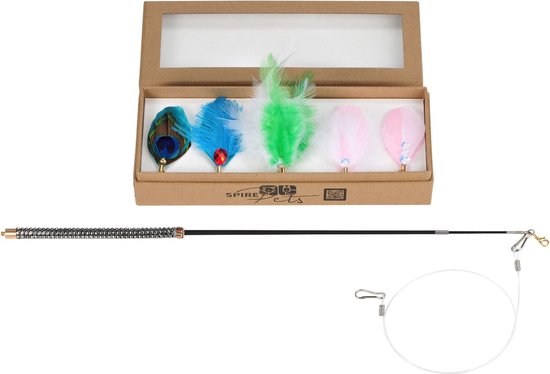 SeaMorn 4-1 Interactieve Kattenspeelset, 12 Verwisselbare Veren Speeltjes, Hengel met Zuignap, 2 Hangende Accessoires voor Katten