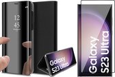 Hoesje geschikt voor Samsung Galaxy S23 Ultra - Screen Protector FlexGuard - Book Case Spiegel Zwart & Screenprotector