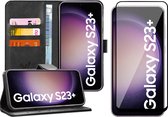 Hoesje geschikt voor Samsung Galaxy S23 Plus - Screen Protector FullGuard - Book Case Leer Pasjeshouder Zwart & Screenprotector