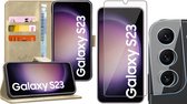 Hoesje geschikt voor Samsung Galaxy S23 - Screenprotector GlassGuard & Camera Lens Screen Protector - Book Case Leer Pasjeshouder Goud