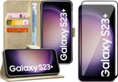 Hoesje geschikt voor Samsung Galaxy S23 Plus - Screen Protector FullGuard - Book Case Leer Pasjeshouder Goud & Screenprotector