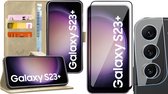 Hoesje geschikt voor Samsung Galaxy S23 Plus - Screenprotector FullGuard & Camera Lens Screen Protector - Book Case Leer Pasjeshouder Goud