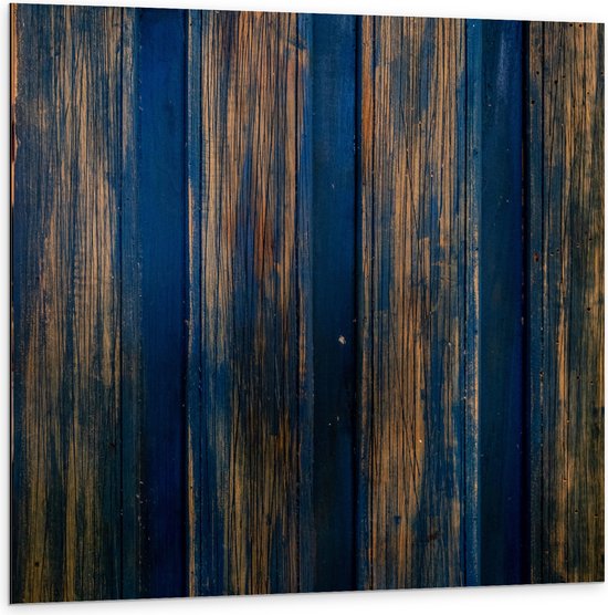 Dibond - Blauwe Verf Afgebladerd op Houten Deur - 100x100 cm Foto op Aluminium (Met Ophangsysteem)