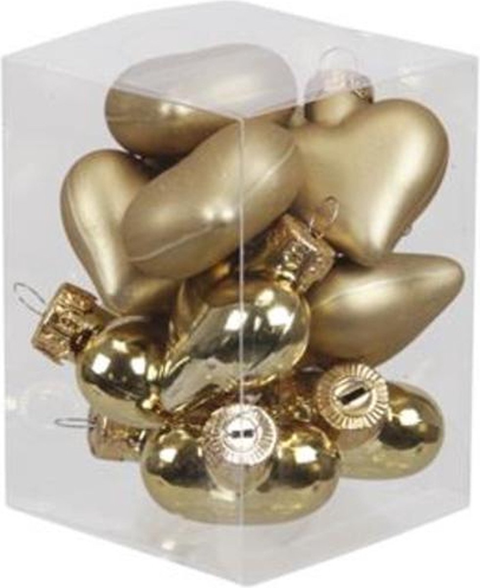 Goud Combi Kerstballen - Cb. 12 Glass Hearts Gold Combi 40 Mm