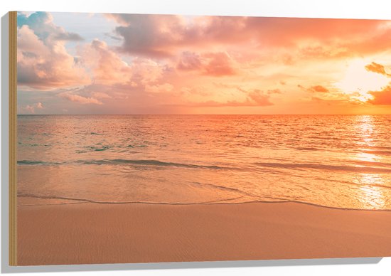 Hout - Oceaan met Prachtige Zonsondergang en Brede Horizon - 90x60 cm - 9 mm dik - Foto op Hout (Met Ophangsysteem)