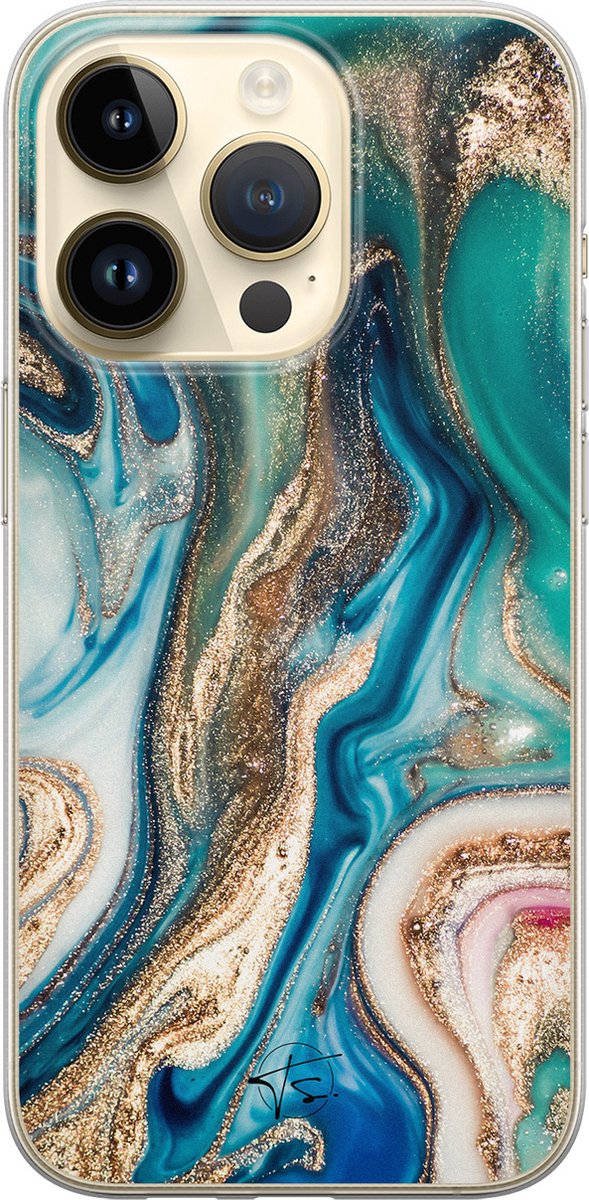 Hoesje geschikt voor iPhone 14 Pro - Magic marble - Soft Case - TPU - Marmer - Multi, Groen - Mooie Telefoonhoesjes