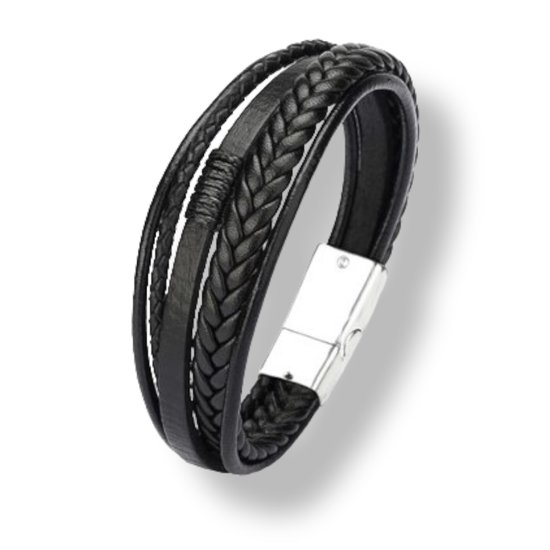 Armband - zwart leer gevlochten - metalen schuifslot - 21 cm