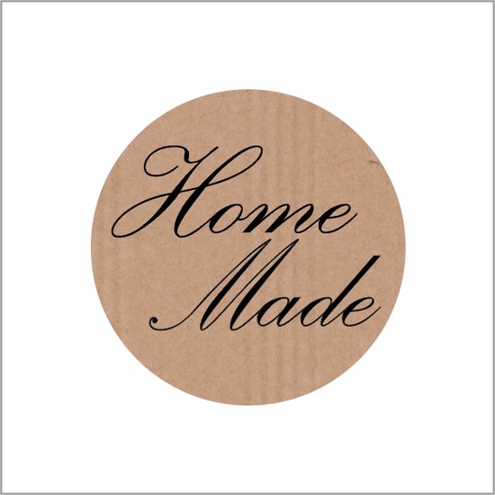 Autocollant rond de couleur kraft avec le texte "Home Made" en écriture cursive noire.