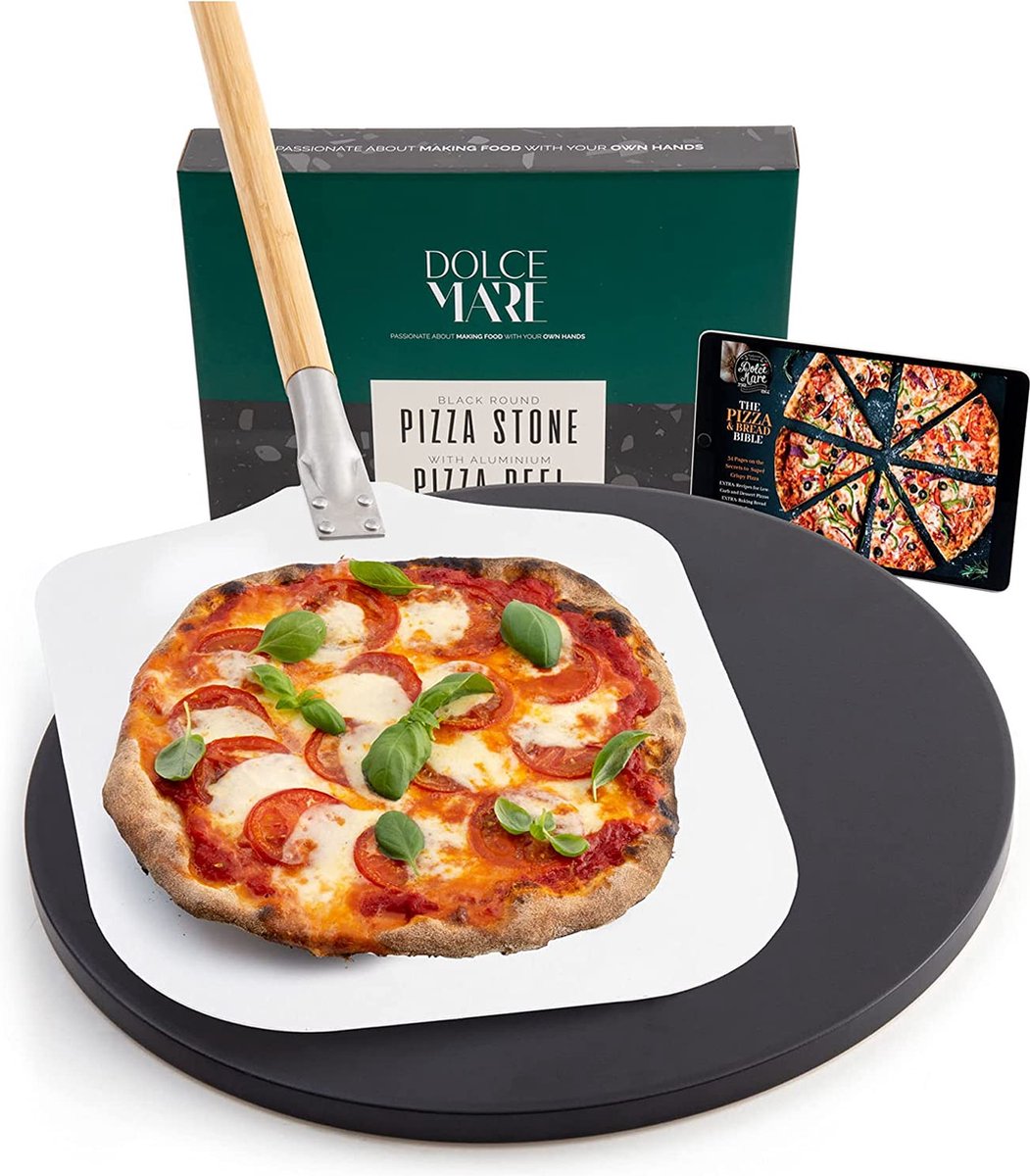 DOLCE MARE Pizzasteen zwart & rond incl. aluminium pizzaslede - Pizzasteen gemaakt van hoogwaardig cordieriet voor oven & grill - Baksteen voor krokante pizza zoals bij de italiaan - ook als broodbaksteen