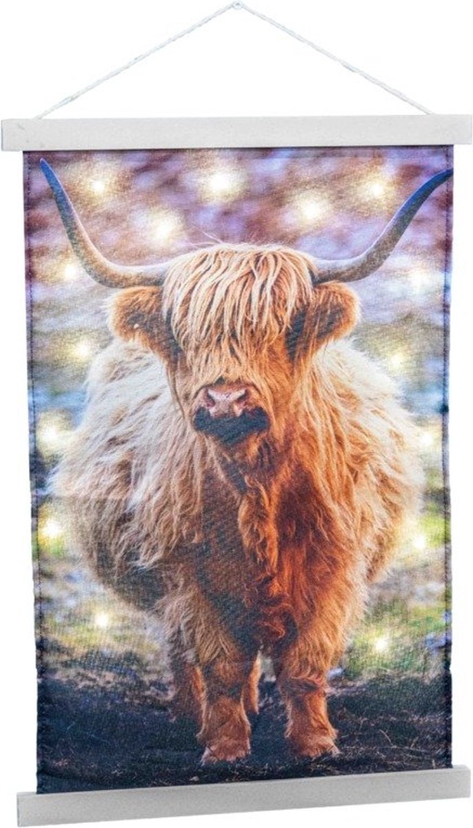 Kerstdecoraties - Wandkleed Schotse Hooglander Met 40 Led Warm Wit 75x120cm Excl. 3xaa Batt.