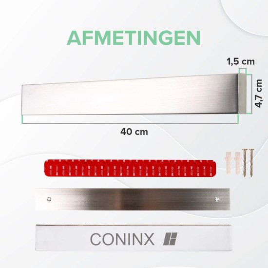 Coninx Messenmagneet Zelfklevend 40CM - Grote Messenhouder Magnetisch - 3M Plakstrip / Schroefbevestiging - RVS Messenblok Magnetisch - Messenmagneetstrip - voor 6 tot 9 Keukenmessen - Coninx