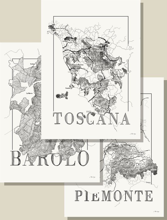 Wijnposter - Set - Italië - Piemonte - Barolo - Barbaresco - Wijnkaart - Zwartwit