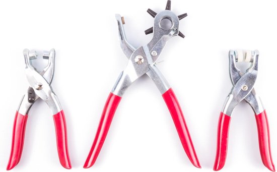 Drie tangen met rode handvatten op een witte achtergrond: een revolverperforator in het midden, geflankeerd door twee andere tangen.