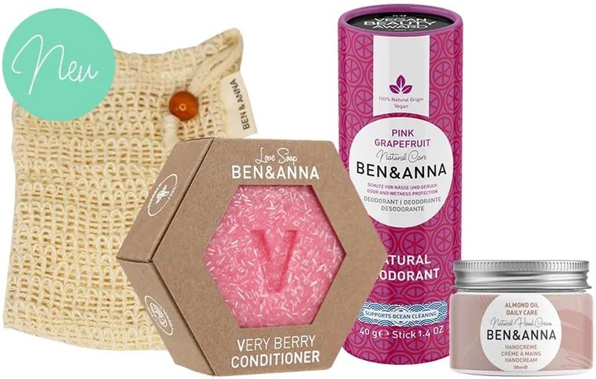 Goedkoopste BEN&ANNA - 4 Pak Roze - Deodorant Pink Grapefruit 40gr - Love Soap Very Berry - Daily Hand crème - zeepzakje