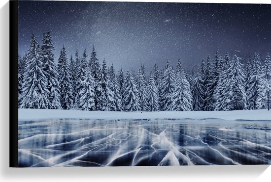 Canvas - Heldere Sterrenhemel boven Dichtbegroeid Bos in Sneeuw Landschap - 60x40 cm Foto op Canvas Schilderij (Wanddecoratie op Canvas)